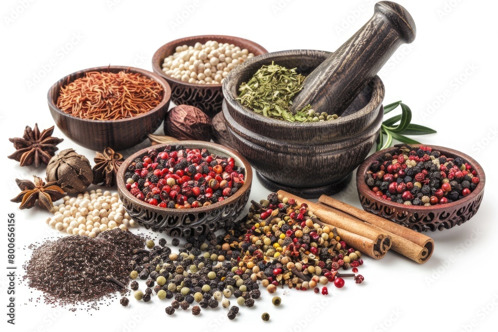 Poster assorted spices and herbs in colorful bowls. great for culinary concepts