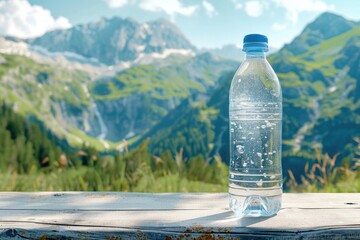 A bottle of water on a rustic wooden table, suitable for hydration concept