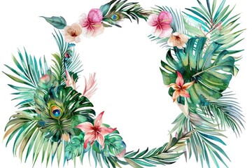 A vibrant wreath of tropical leaves and flowers on a white background. Ideal for tropical themed designs