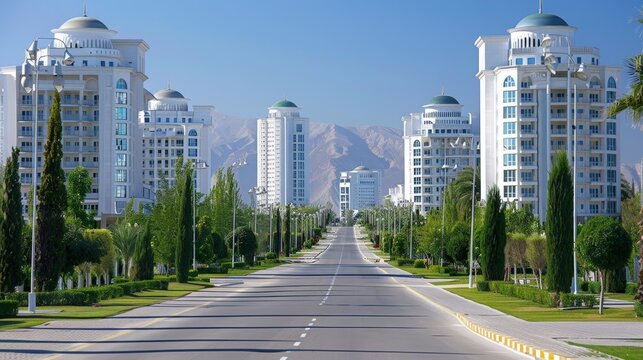 Ashgabat skyline, Turkmenistan, white marble buildings