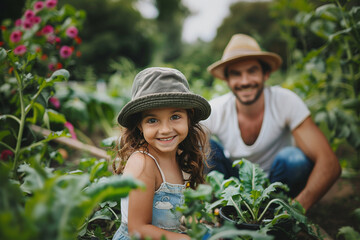  A girl kid with a hat gardening with her father in a vegetable garden, smiling and looking at the camera.