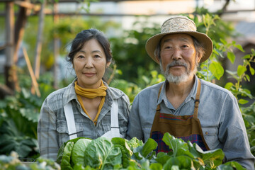 Asian middle aged couple in informal clothes, looking at the camera, working in an urban vegetable garden with different vegetables.