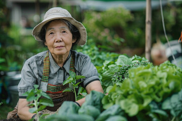 Asian aged woman in informal clothes, looking at the camera, working in an urban vegetable garden with different vegetables.