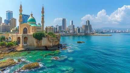 Naklejka premium Beirut skyline with Mediterranean backdrop, diverse architectural styles