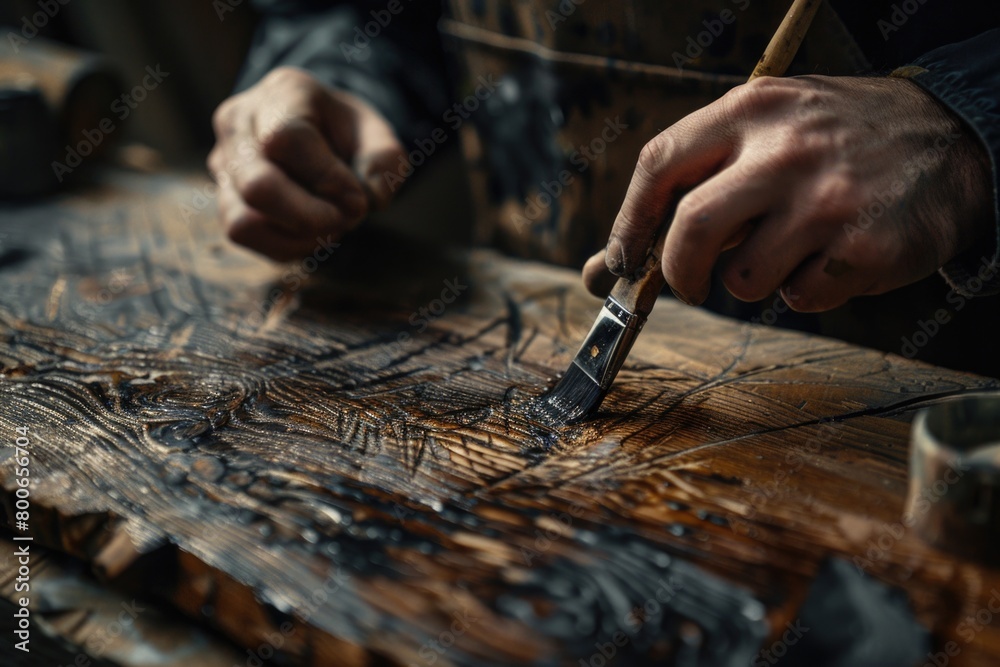 Aufkleber close up of a person using a brush on a piece of wood. suitable for woodworking projects