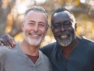 Fototapeta premium a middle-aged white man and an older black male friend smile at the camera