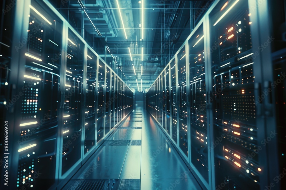 Poster rows of servers in a long hallway, suitable for technology concepts