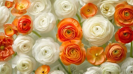 Overhead view of orange and white Ranunculus flower heads floating in a bowl of water