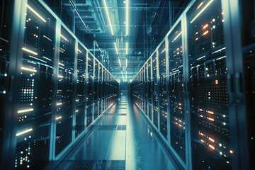Obraz premium Rows of servers in a long hallway, suitable for technology concepts