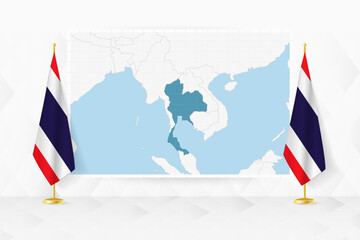 Map of Thailand and flags of Thailand on flag stand.