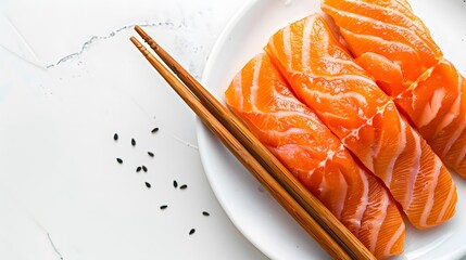 Sashimi-style salmon with chopsticks on a white background, ready to eat.
