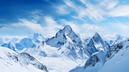 Fototapeta na wymiar Panoramic view of snow-capped mountains and blue sky