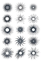 A collection of black and white sunburst shapes on a plain white background. Perfect for graphic design projects