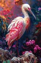 A painting of a bird with long pink feathers standing on rocks, AI
