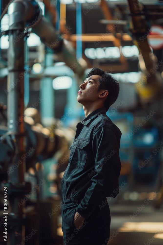 Poster A man standing in front of a machine in a factory. Suitable for industrial concepts
