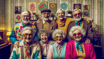 Vibrant group of senior citizens expressing happiness in a room adorned with vivid retro patterns and decor.