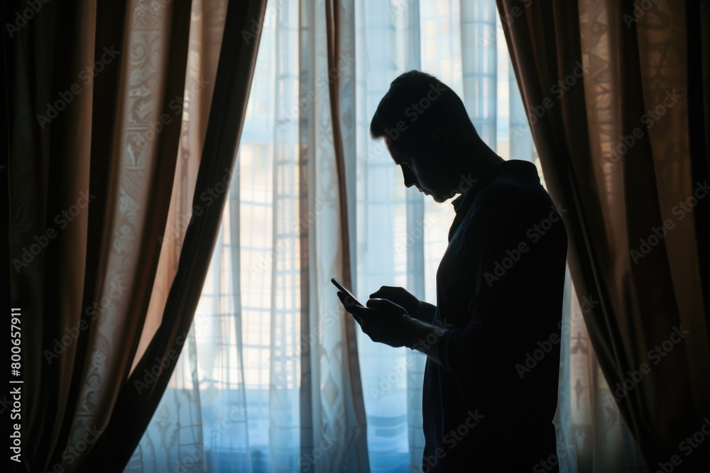 Poster Man standing in front of window with cell phone. Suitable for technology concepts