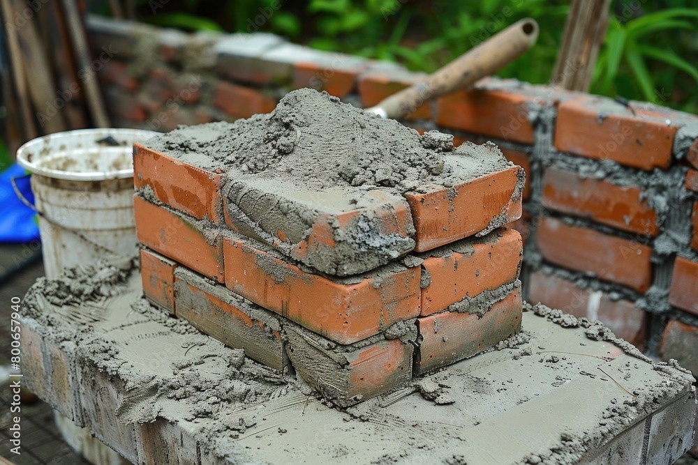Poster a pile of bricks on top of a pile of cement. suitable for construction projects