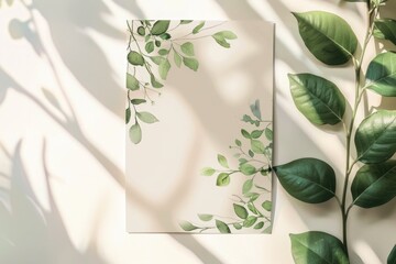 White card with green leaves, suitable for nature-themed designs