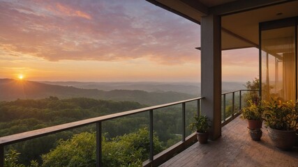 Sun rises over vast landscape of rolling hills covered in lush greenery, casting warm glow on spacious balcony. Potted plants add touch of nature to modern architecture.