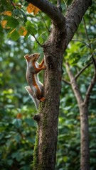 Fototapeta premium Small squirrel with reddish-brown fur climbs up trunk of tree, its sharp claws gripping rough bark. Animal's bushy tail hangs down behind it, its bright eyes focused on something in distance.