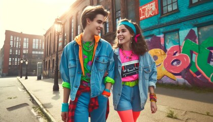 Two joyful teenagers flaunting bold 90s inspired outfits, embodying retro fashion against an urban...