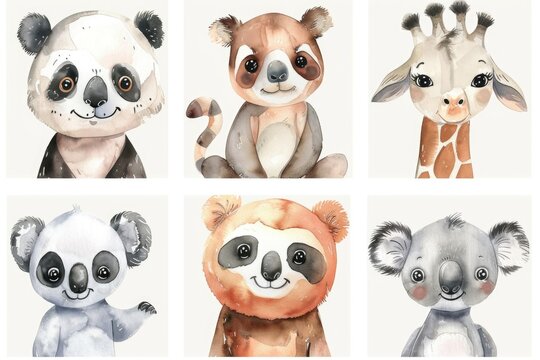 A collection of four pictures featuring a giraffe and a panda. Suitable for various projects
