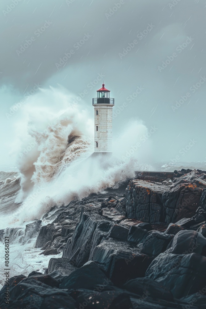 Poster A lighthouse standing on a rocky shore with waves crashing over it. Suitable for maritime and coastal themes