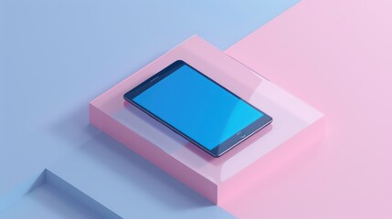 portable screen device sitting on a big translucent acrylic platform with semi-transparent pink and blue gradients