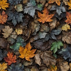 Obraz premium Dense layer of fallen leaves covers ground in vibrant display of autumn colors. Leaves primarily maple, with few other varieties mixed in, they range in color from deep reds, oranges to browns.
