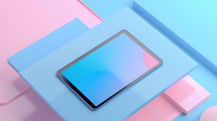 Fototapeta premium portable screen device sitting on a big translucent acrylic platform with semi-transparent pink and blue gradients