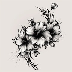 floral design composition in black color with smooth shading and tattoo feel