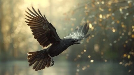 Fototapeta premium A black bird flying over a lake with trees in the background, AI