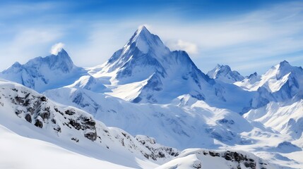 Panoramic view of the snowy mountains of the French Alps.