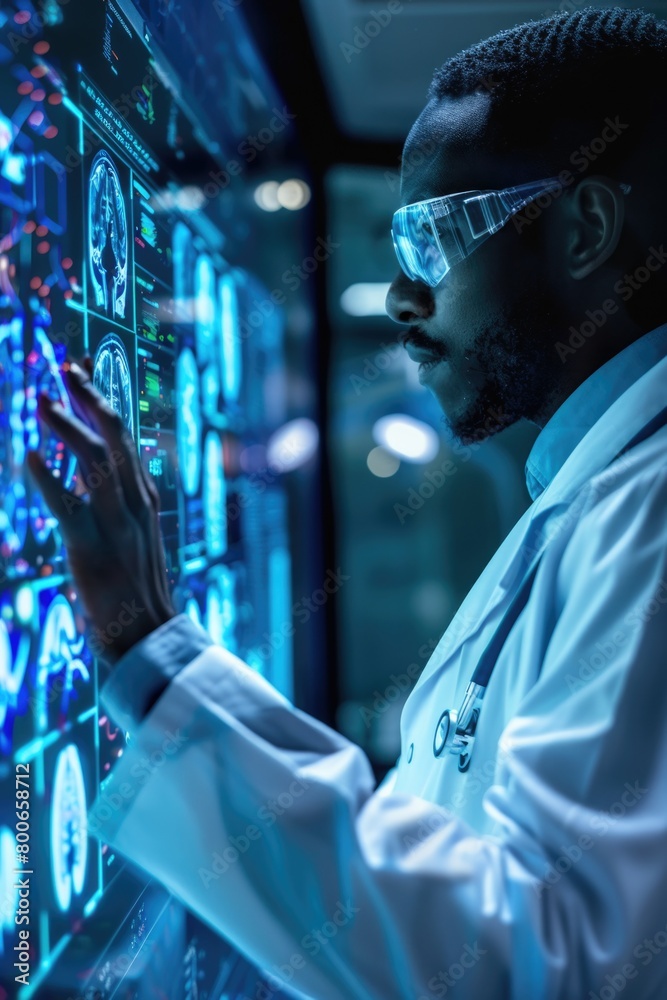 Poster A man in a lab coat and goggles working on a computer. Ideal for technology or research concepts