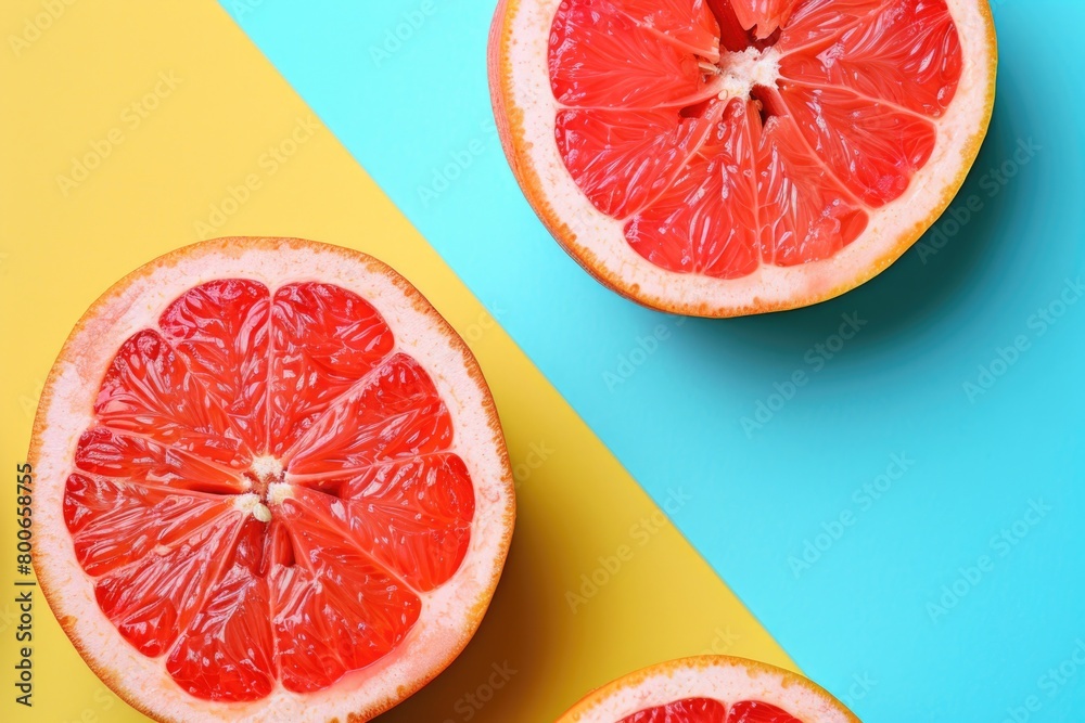 Aufkleber fresh grapefruits cut in half on colorful backdrop. great for food and nutrition concepts