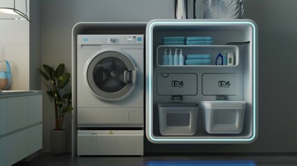 Fototapeta premium Modern Laundry Room With Washer and Detergent Dispenser