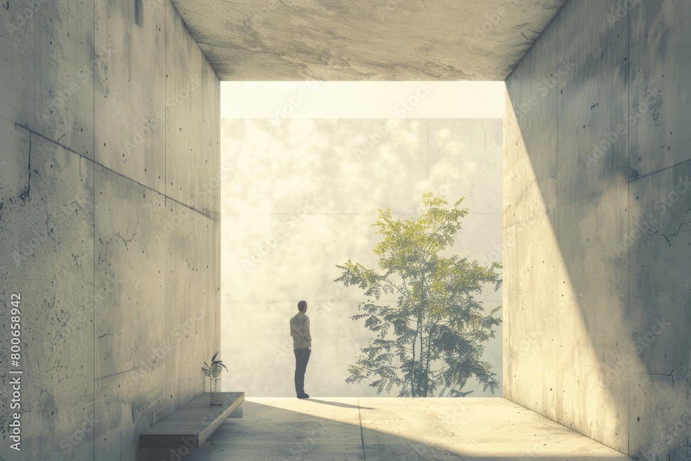 Poster A person standing in a concrete room with a tree in the background. Suitable for various concepts