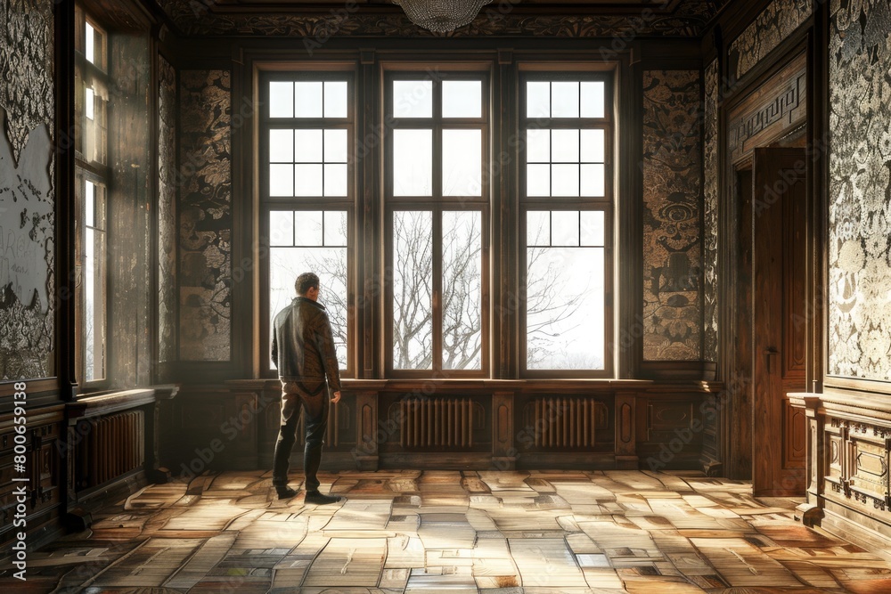 Poster A man standing in front of a large window. Ideal for business or contemplation concepts