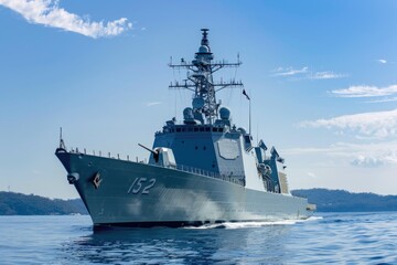 A navy ship sailing on the water, suitable for military or travel concepts