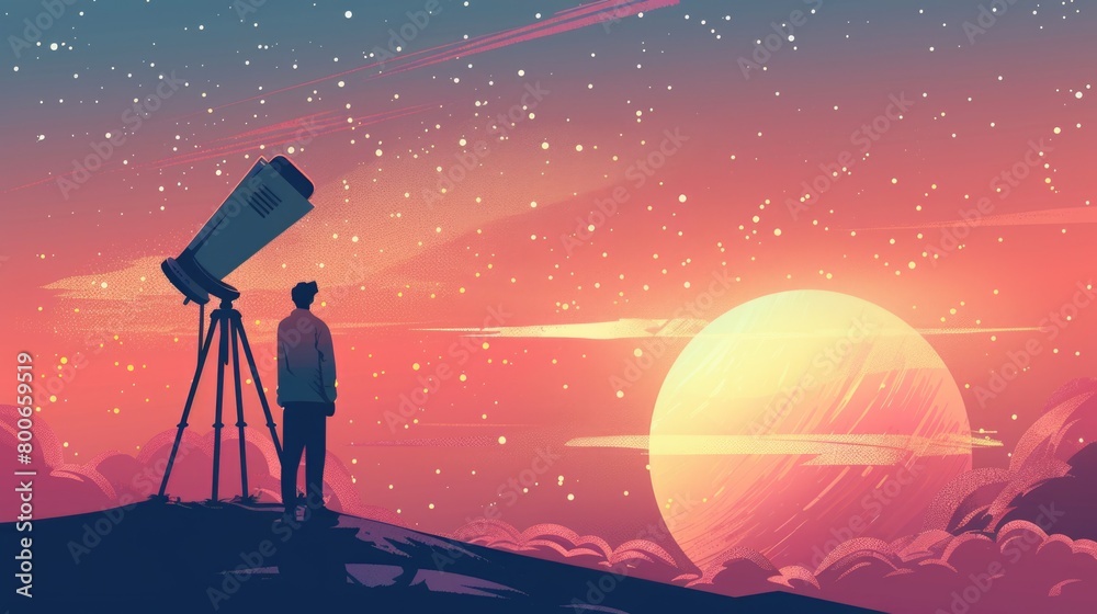 Poster Man standing on mountain peak looking through telescope. Suitable for travel and exploration concepts