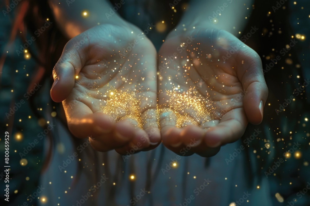 Poster a person holding out their hands with sparkles in the air. suitable for various concepts and designs