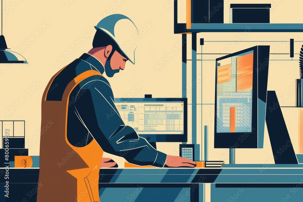 Aufkleber A man working on a computer in a factory. Suitable for industrial and technology concepts