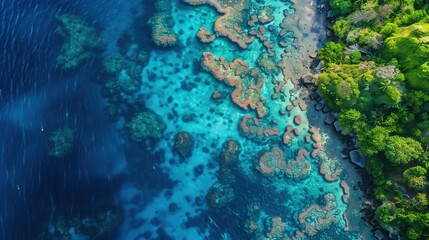 Breathtaking Aerial View of Vibrant Coral Reef Next to Tropical Island