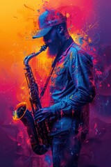 design of an abstract jazz background with a saxophone in neon colors
