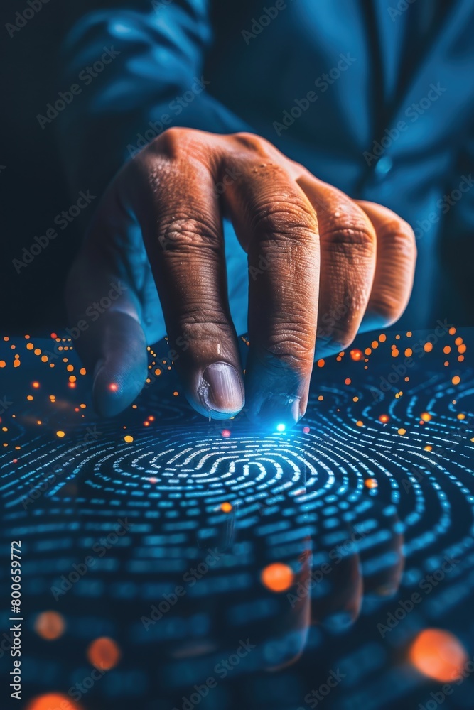 Poster a man in a suit touching a glowing object, suitable for technology concepts