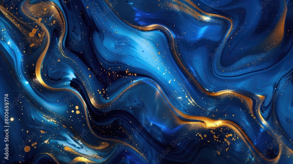 Poster Close up view of a vibrant blue and gold fluid painting, perfect for adding a pop of color to any design project