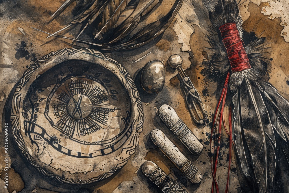 Poster a drawing of a clock, feathers, and other miscellaneous items. suitable for various creative project