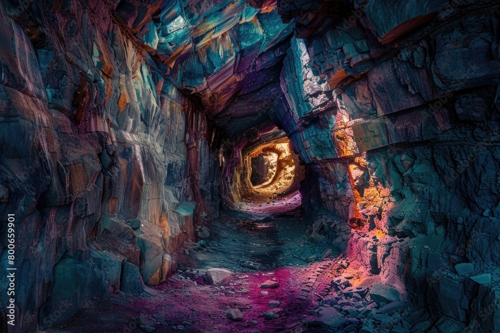 Poster a tunnel in a cave with a light shining at the end. perfect for illustrating hope or the concept of 