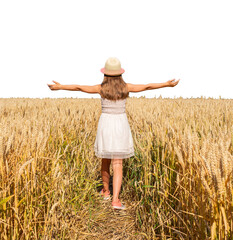 Cute little girl in hat wheat field on sunny day with her arms wide open above the wheat field